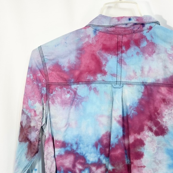 Free People Medium Top Handmade Tie Dye Button Down Long Sleeve Purple Blue 1195 - Picture 9 of 11